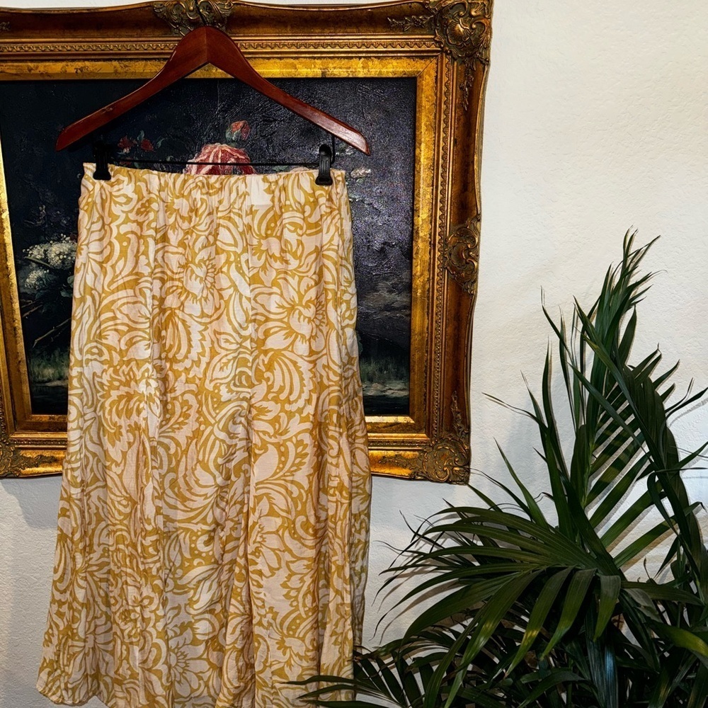 Zara Mustard Yellow Floral Print Pleated Boho Festival Summer Midi Skirt M